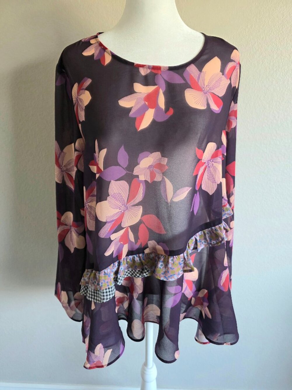 New LOGO Lori Goldstein Top Tunic Sheer Artsy Floral Ruffles Women Size S Purple